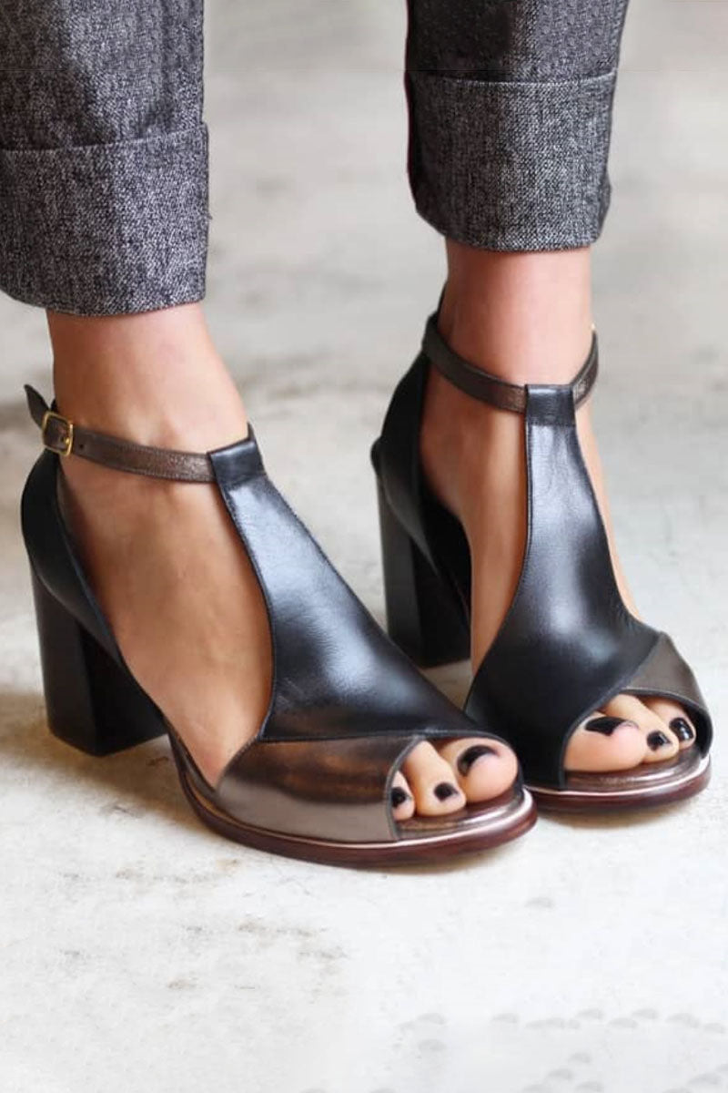 Nadaria | Schwarze Patchwork-Peep-Toe-Sandalen mit Absatz