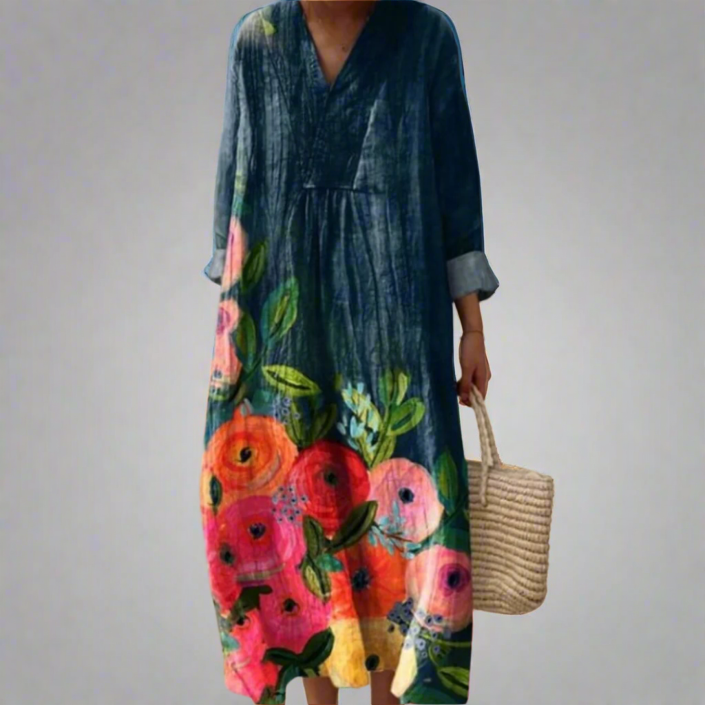 Poppy™ | Aquarell-Blumen Baumwollmaxikleid