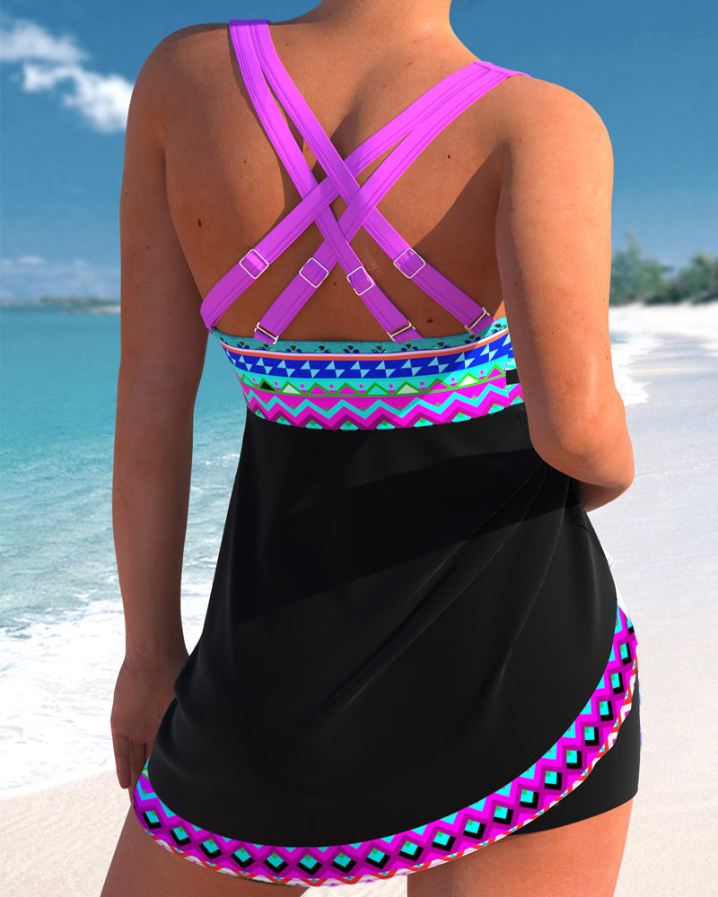 Drawstring swimsuit with striped pattern