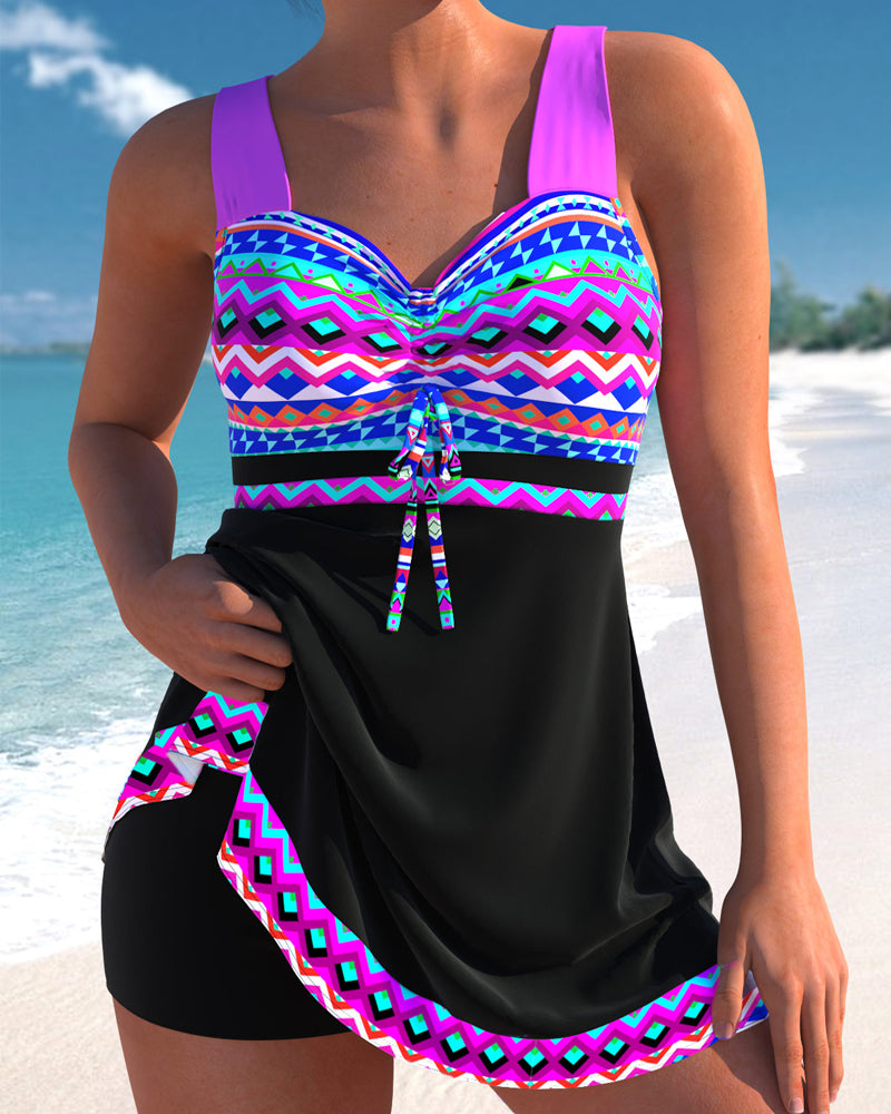Drawstring swimsuit with striped pattern