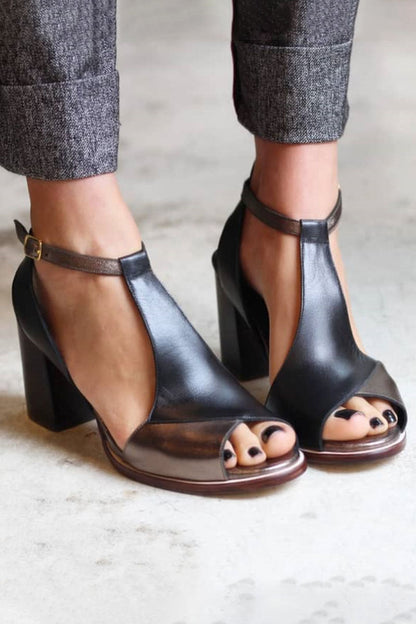Nadaria | Schwarze Patchwork-Peep-Toe-Sandalen mit Absatz