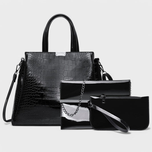 Nora. - Elegantes 3-teiliges schwarzes Krokodilleder-Taschen-Set