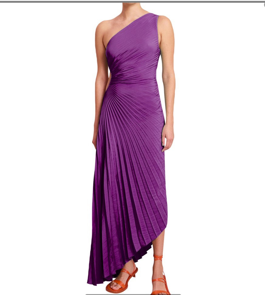 Sylviana - Ein Schulter Falten Midi Kleid
