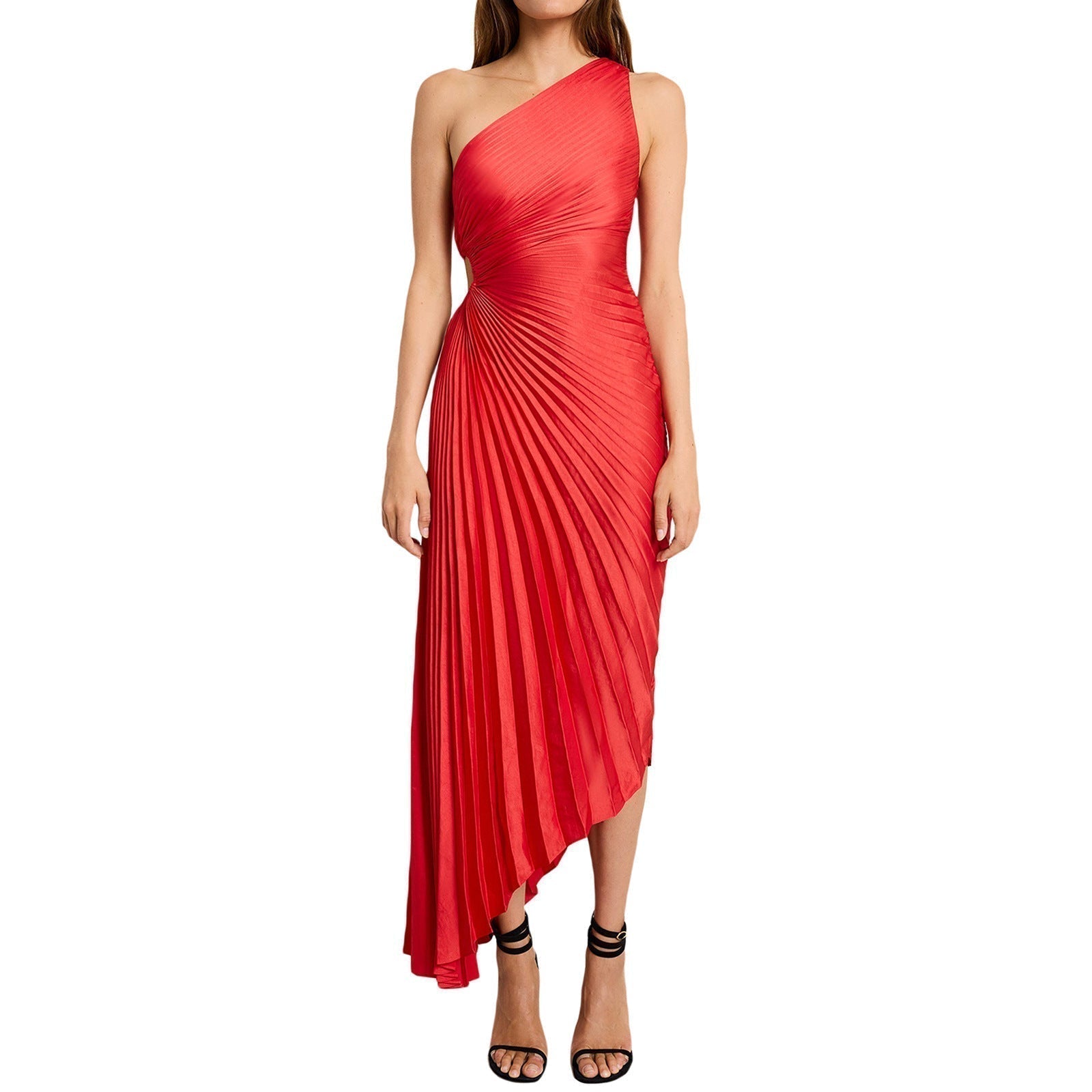 Sylviana - Ein Schulter Falten Midi Kleid