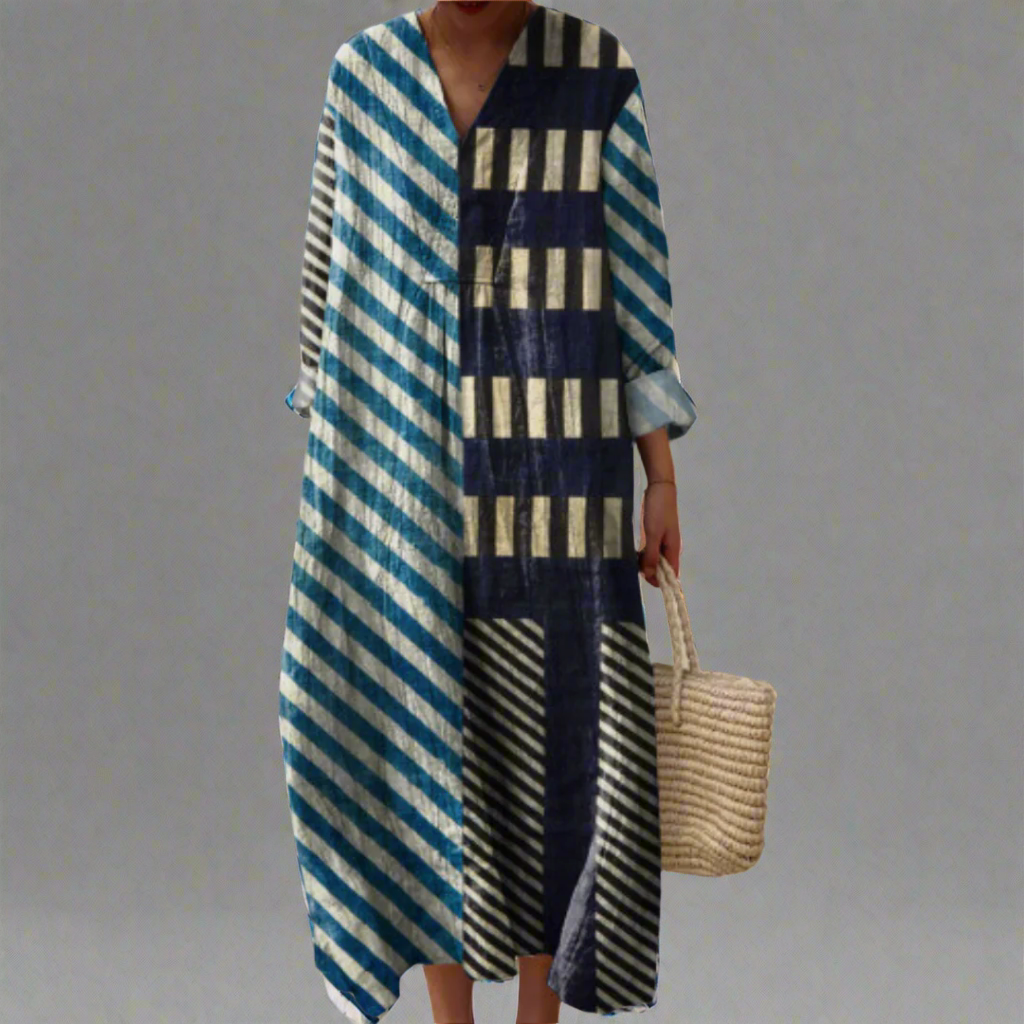 Martha™ | Modernes gestreiftes Patchwork-Midikleid