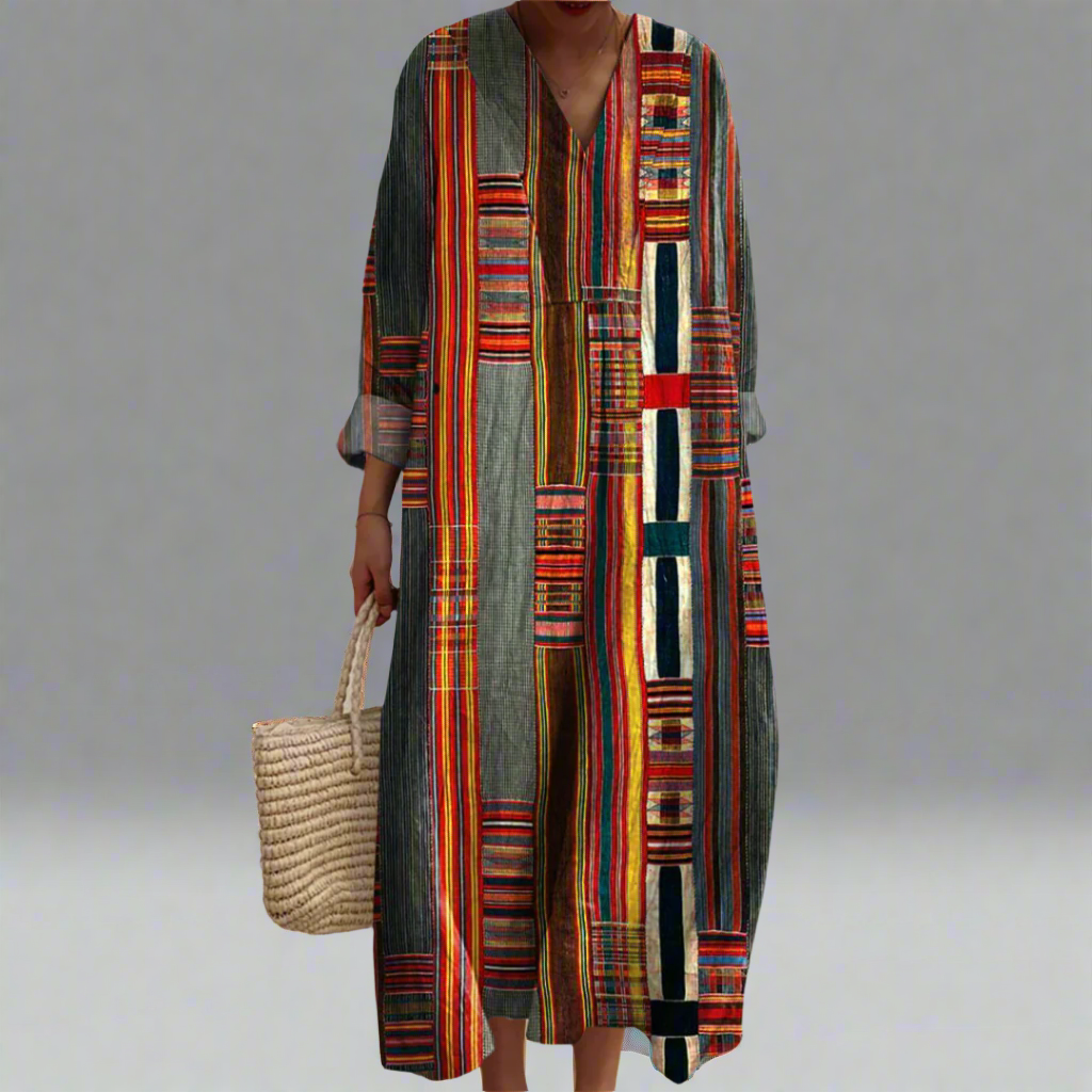 Marianne™ | Geometrisches Gestreiftes Boho-Maxikleid