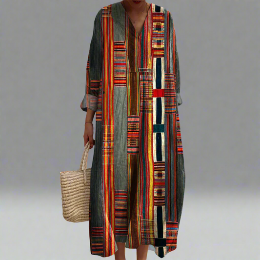 Marianne™ | Geometrisches Gestreiftes Boho-Maxikleid