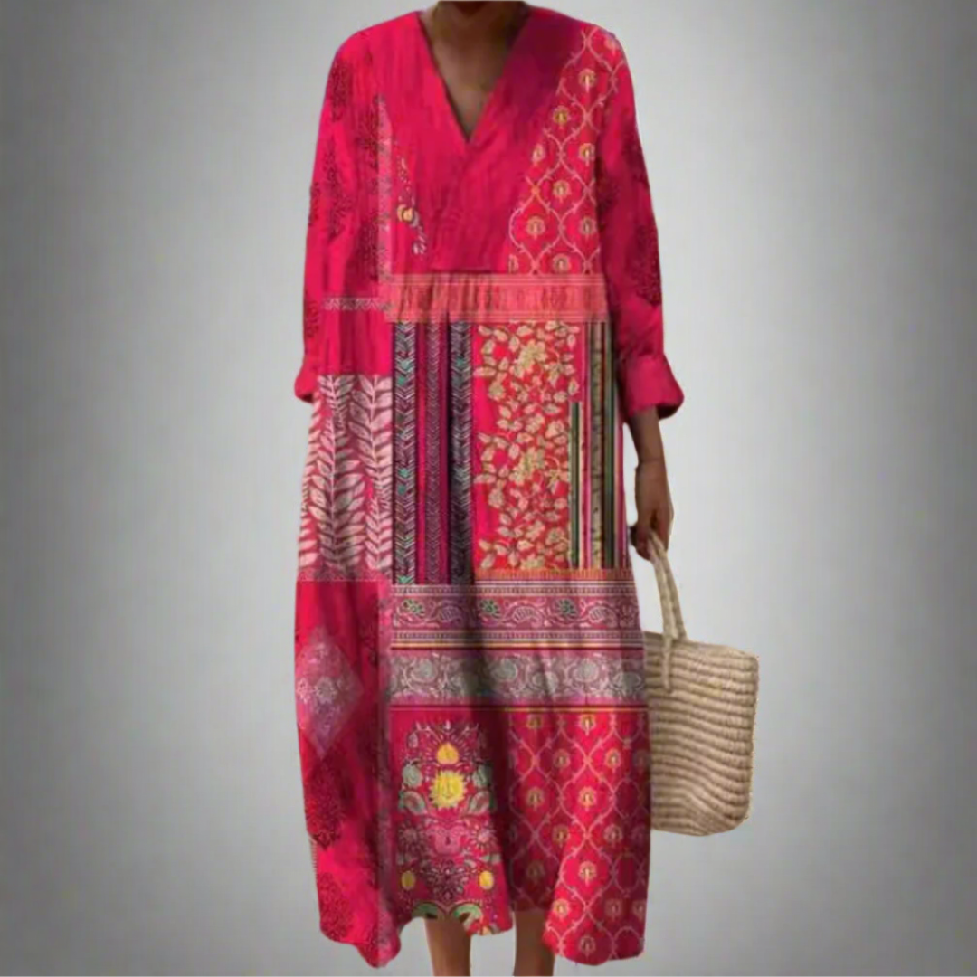 Maisie™ | Boho Midi-Kleid mit Patchwork und langen Ärmeln