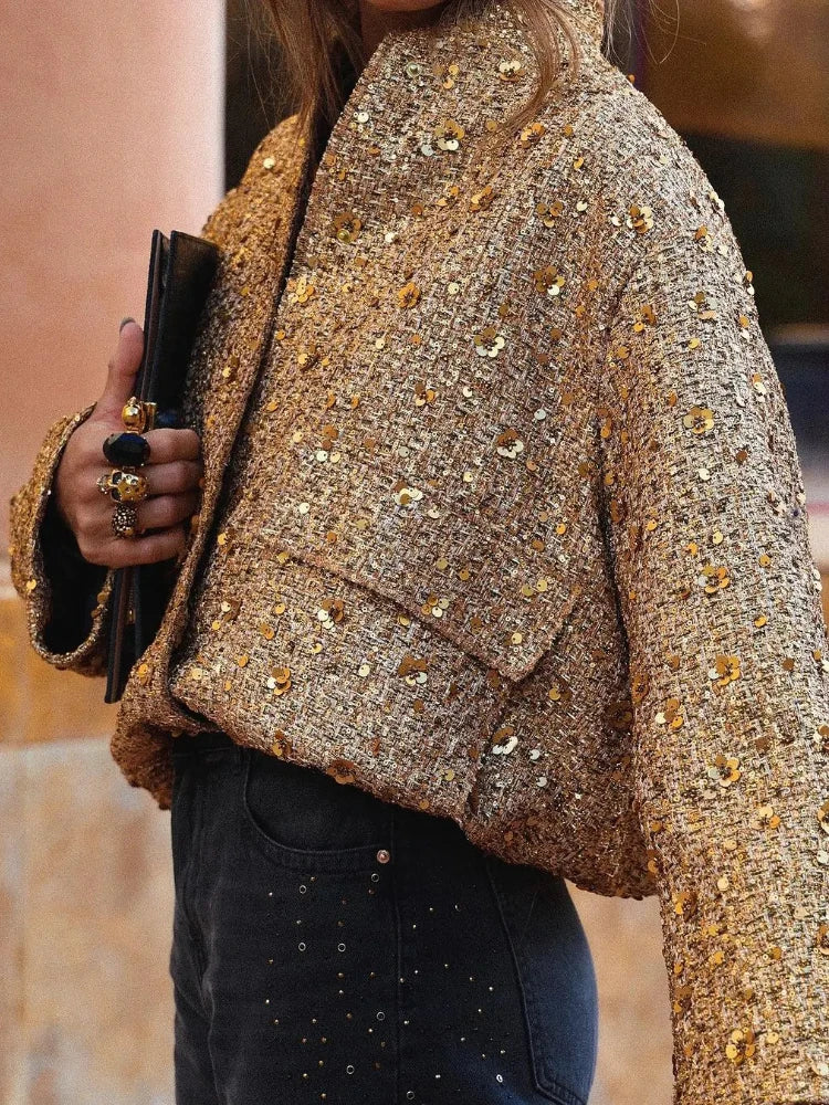 Sommerliche Pailletten-Bomberjacke mit elastischer Taille und Rippstrickbündchen | Perfekt für besondere Anlässe