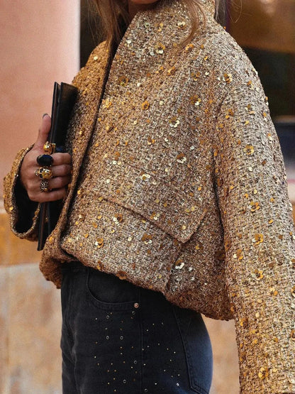 Sommerliche Pailletten-Bomberjacke mit elastischer Taille und Rippstrickbündchen | Perfekt für besondere Anlässe