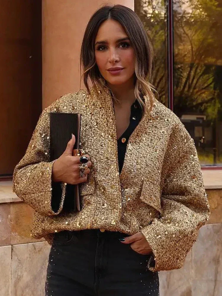 Sommerliche Pailletten-Bomberjacke mit elastischer Taille und Rippstrickbündchen | Perfekt für besondere Anlässe