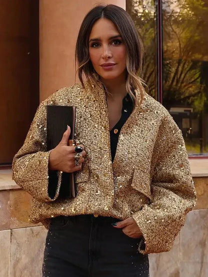 Sommerliche Pailletten-Bomberjacke mit elastischer Taille und Rippstrickbündchen | Perfekt für besondere Anlässe