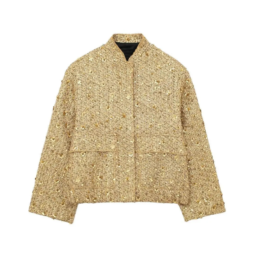 Sommerliche Pailletten-Bomberjacke mit elastischer Taille und Rippstrickbündchen | Perfekt für besondere Anlässe