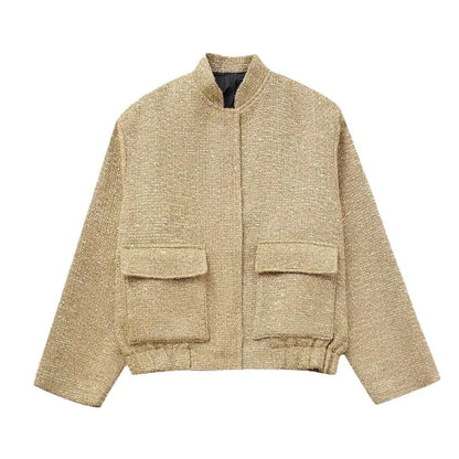 Sommerliche Pailletten-Bomberjacke mit elastischer Taille und Rippstrickbündchen | Perfekt für besondere Anlässe