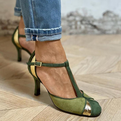 Taviana | Patchwork-Pumps mit T-Riemen und geschlossenem Zehenbereich